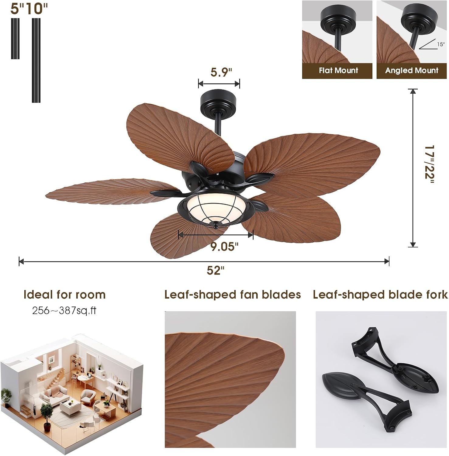PHORUS 52' Waterproof Outdoor Palm Leaf Ceiling Fans with Lights and Remote,Wet Rated Tropical Ceiling Fans for Patios Porch Gazebo Pergola