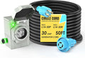 CircleCord 4 Prong 50 Feet 30 Amp Generator Extension Cord and Inlet Box with Locking Connector, Heavy Duty NEMA L14-30P/L14-30R, 125/250V 7500W 10 Gauge SJTW Generator to House Power Cord