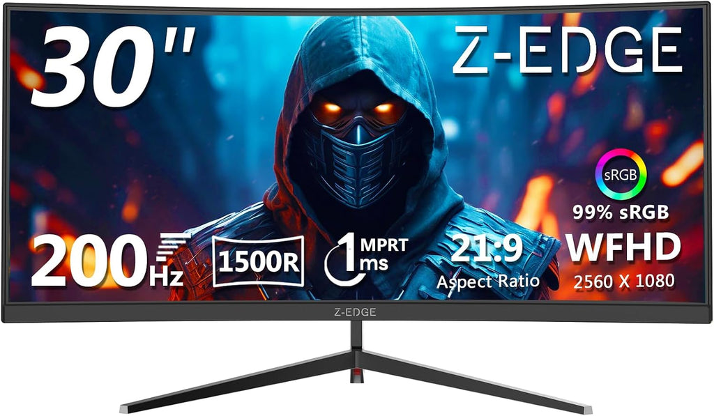 Z-Edge 30' Curved Gaming Monitor, WFHD1080P 200Hz 165Hz Monitor, MPRT 1ms, 21:9 Aspect Ratio, 1500R Curved, 16.7M Colors, 3000:1 Contrast, UG30 PIP-PBP, 2X DP 1.4 Ports and 2X HDMI 2.0 Port