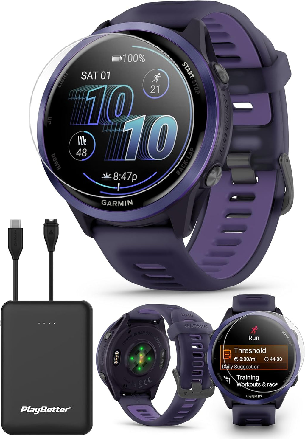 Garmin Forerunner 570 Advanced GPS Running and Triathlon Smartwatch Bundle (47 mm, Indigo/Translucent Imperial Purple)