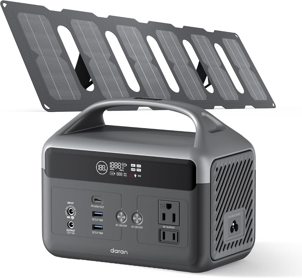 Portable Power Station with Foldable Solar Panels 40w, DaranEner 300w Lifepo4 Battery 60W USB-C Pd, 192Wh Fast Recharge Home Backup Power Bank, Lightweight Solar Generator for Camping, Outdoor Travel