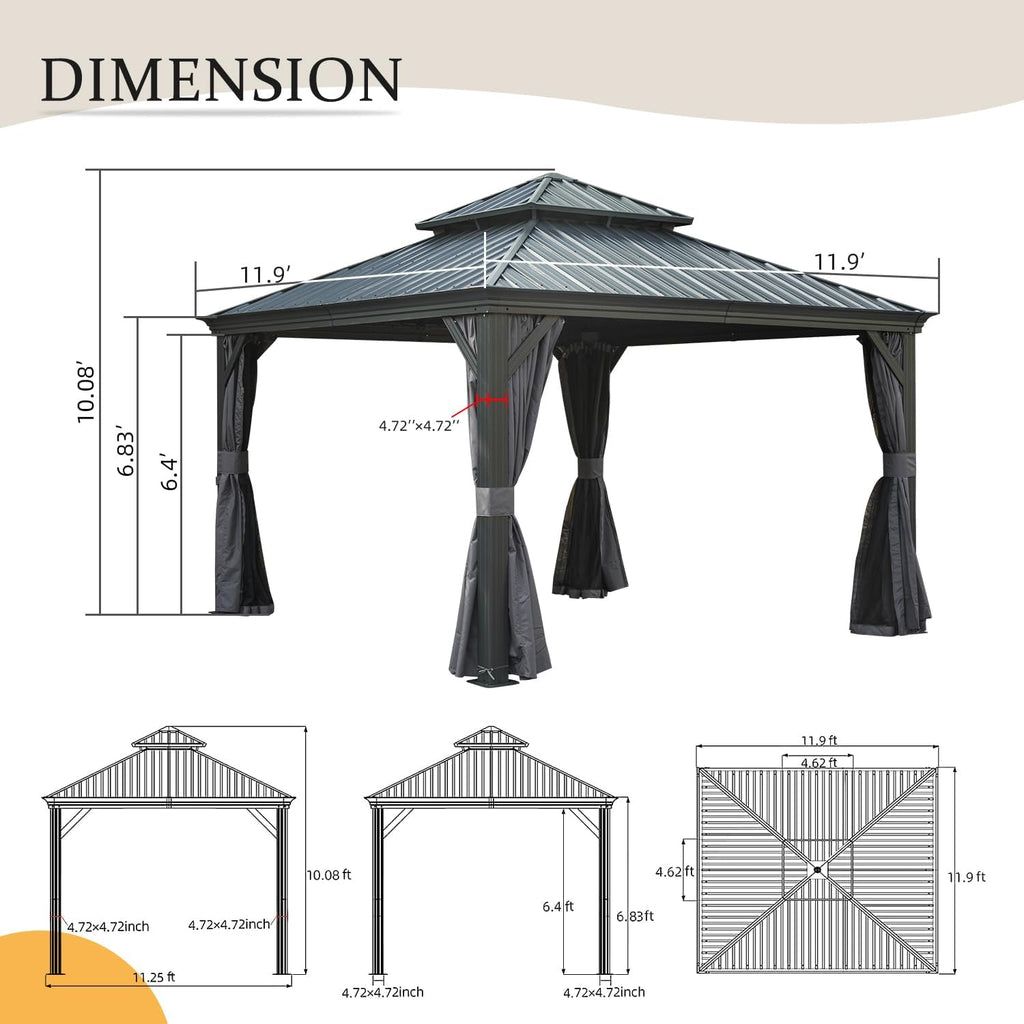 Domi 12' X 12' Hardtop Gazebo Outdoor Metal Gazebo with Galvanized Steel Double Roof Canopy, Aluminum Frame, Curtains and Netting for Patio, Deck, Garden, Grey