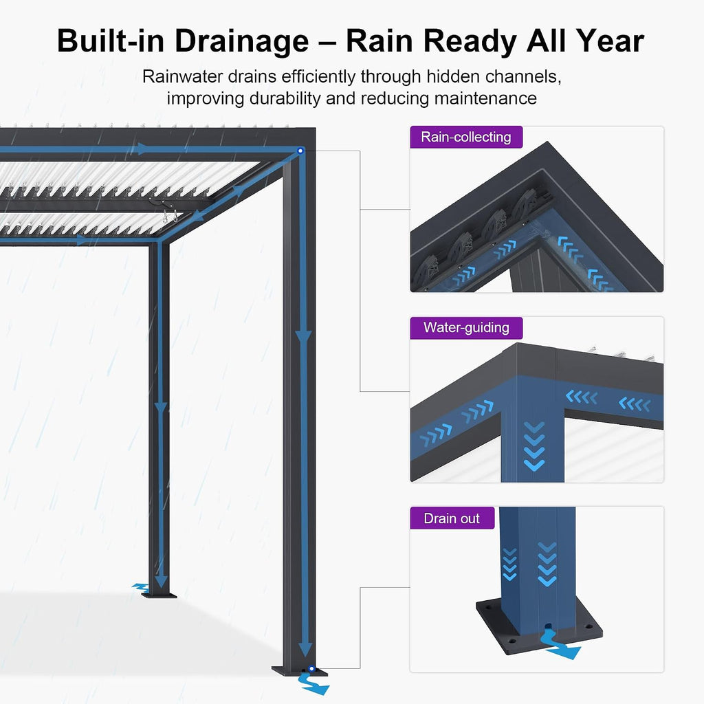 PURPLE LEAF Louvered Pergola 10' x 14' Outdoor Aluminum Pergola with Hidden Drainage System and White Adjustable Sun Shade Roof Patio Hardtop Small Pergolas for Patio Dining Side Yard Terrace Lounge