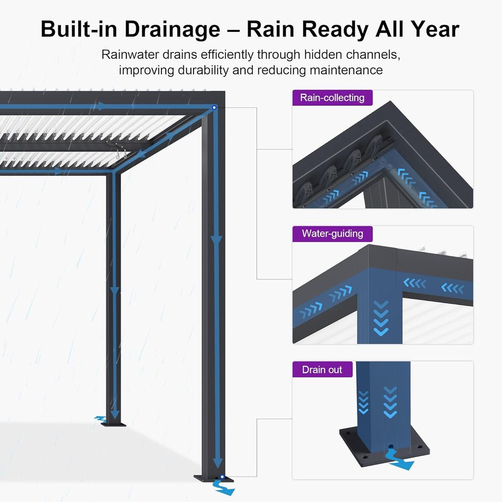 PURPLE LEAF Louvered Pergola 10' x 12' Outdoor Aluminum Pergola with Hidden Drainage System and White Adjustable Sun Shade Roof Patio Hardtop Small Pergolas with Light for Porch Patio Garden