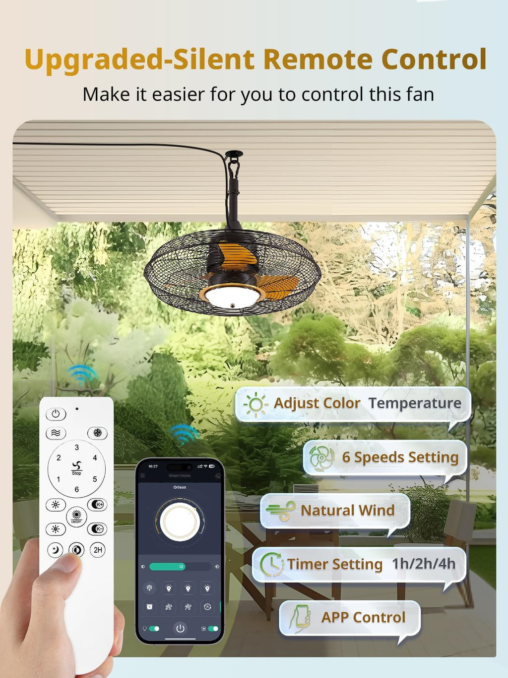 Orison 21'' Outdoor Ceiling Fans with Lights, Wet Rated Gazebo Fan with Remote, Plug in Hanging Fan for Patio Waterproof, App Controll