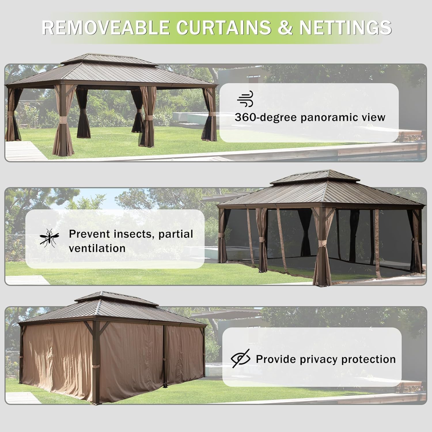 Domi 14x20FT Outdoor Gazebo, Hardtop Gazebo with Galvanized Steel Double Roof, Metal Gazebos with Drainage System for Patio Deck Backyard,Curtain and Netting,Brown