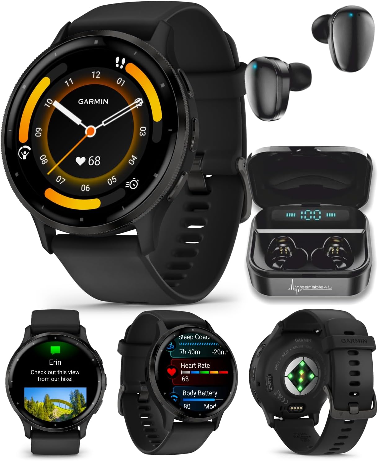 Garmin Venu 3 GPS Smartwatch AMOLED Display 45 mm Watch, Advanced Health and Fitness Features, Up to 14 Days of Battery, Wheelchair Mode, Sleep Coach, Black with Black Earbuds Bundle