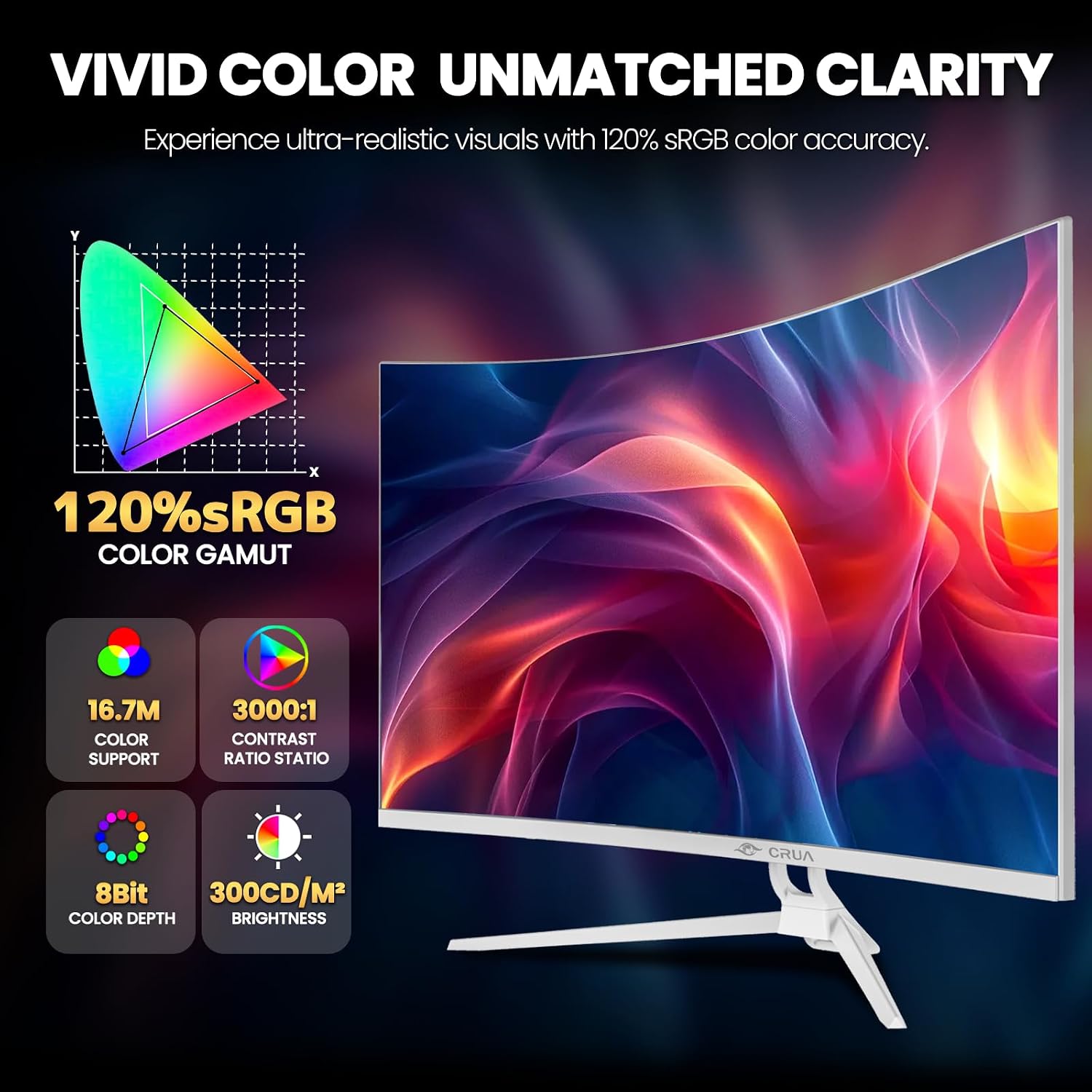 CRUA 32' White Curved Monitor, 4K UHD(3840*2160P) 1500R VA Screen, 60Hz Computer Monitor Supports AMD Freesync, 120% sRGB, Built-in speakers, Blue Light Filter,Wall Mountable Installs(HDMI 2.0/DP 1.4)