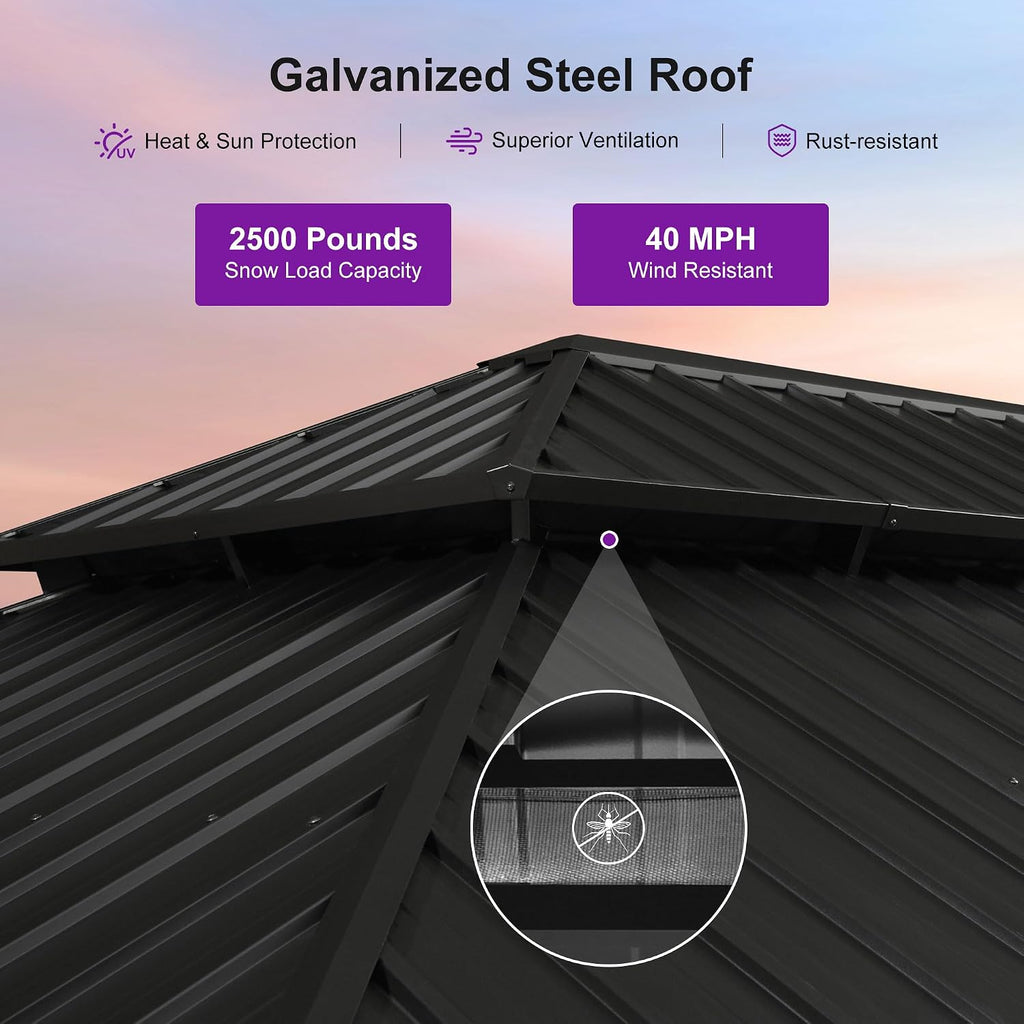 PURPLE LEAF 14' X 28' Outdoor Hardtop Gazebo for Patio Galvanized Steel Double Roof Permanent Canopy Teak Finish Coated Aluminum Frame Pavilion Gazebo with Netting and Lights