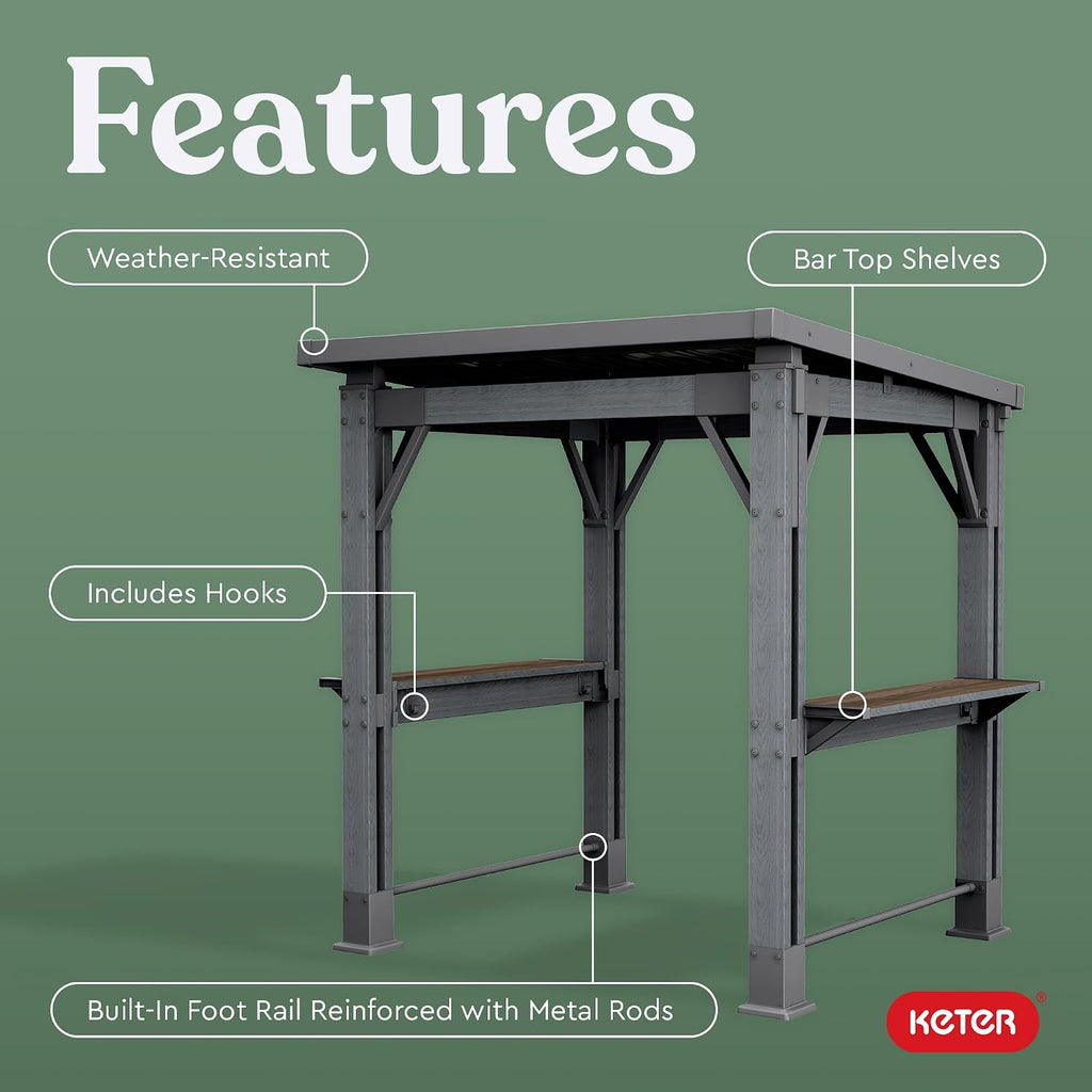 Keter Signature 8 x 6.5 FT Grill Gazebo Hardtop Durable Resin Outdoor BBQ Gazebo with Double Shelves, Permanent Grill Pavilion for Patio Lawn, Deck, Backyard, and Garden