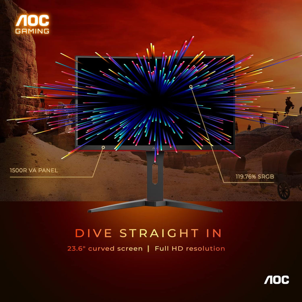AOC C24G1A 24' Curved Frameless Gaming Monitor, FHD 1920x1080, 1500R, VA, 1ms MPRT, 165Hz (144Hz supported), FreeSync Premium, Height adjustable Black