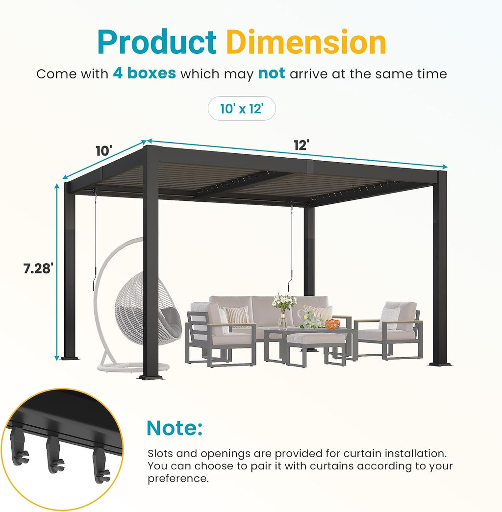 Louvered Pergola, 10' x 12' Outdoor Pergola, Metal Patio Gazebo with Adjustable Louvers Roof and Gutter System, Metal Hardtop Gazebo for Patio, Backyard, Deck, Garden, Dark Gray