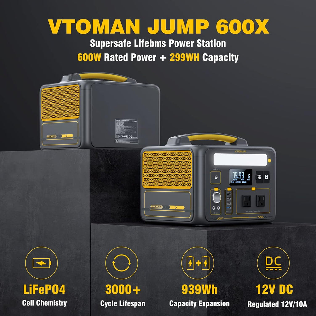 VTOMAN Jump600X 600W Portable Power Station with 640Wh Extra Battery, 939Wh Solar Generator LiFePO4 Battery, Peak 1200W AC Outlet, PD 60W USB-C, 3x12V/10A DC for Outdoor Camping, Off-grid, Home Backup