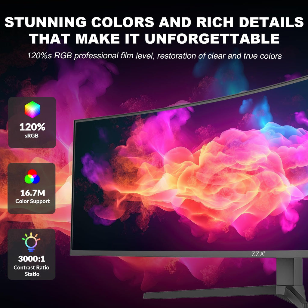ZZA 49' Curved Gaming Monitor | 5120x1440 Dual QHD, 165Hz/144Hz, 1500R, 32:9 Ultra-Wide, AMD FreeSync, 120% sRGB, Height Adjustable, HDMI 2.1 & DisplayPort 1.4, VESA Mount, Black