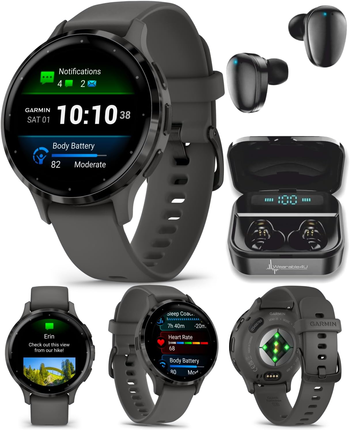 Garmin Venu 3S GPS Smartwatch AMOLED Display 41mm Watch, Advanced Health and Fitness Features, Up to 10 Days of Battery, Sleep Coach, Pebble Gray with Black Earbuds Bundle