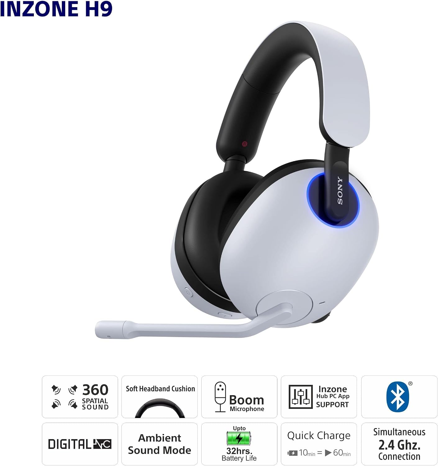 Sony INZONE H9 Gaming Headset, Wireless Noise Canceling Bluetooth Headset With Microphone, 360 Spatial Sound, For PC and PS5 (WH-G900N), White