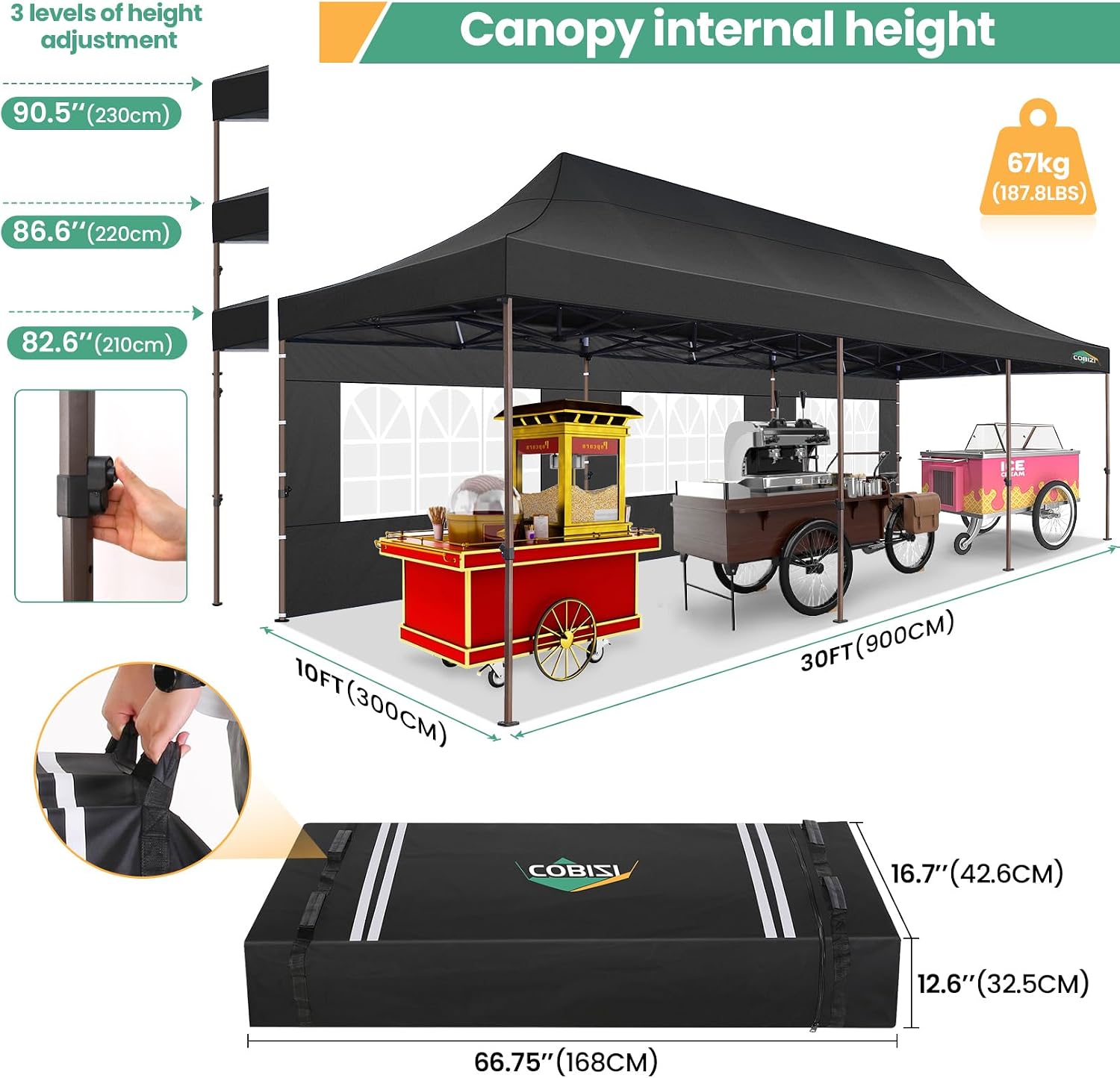 COBIZI 10x30 Pop Up Heavy Duty Canopy with 8 Sidewalls and Hexagonal Legs, Easy up Tent for Party, Wedding and Commercial, Outdoor Canopy with Roller Bag, Sand Bags, Waterproof & UPF50+ (Black)