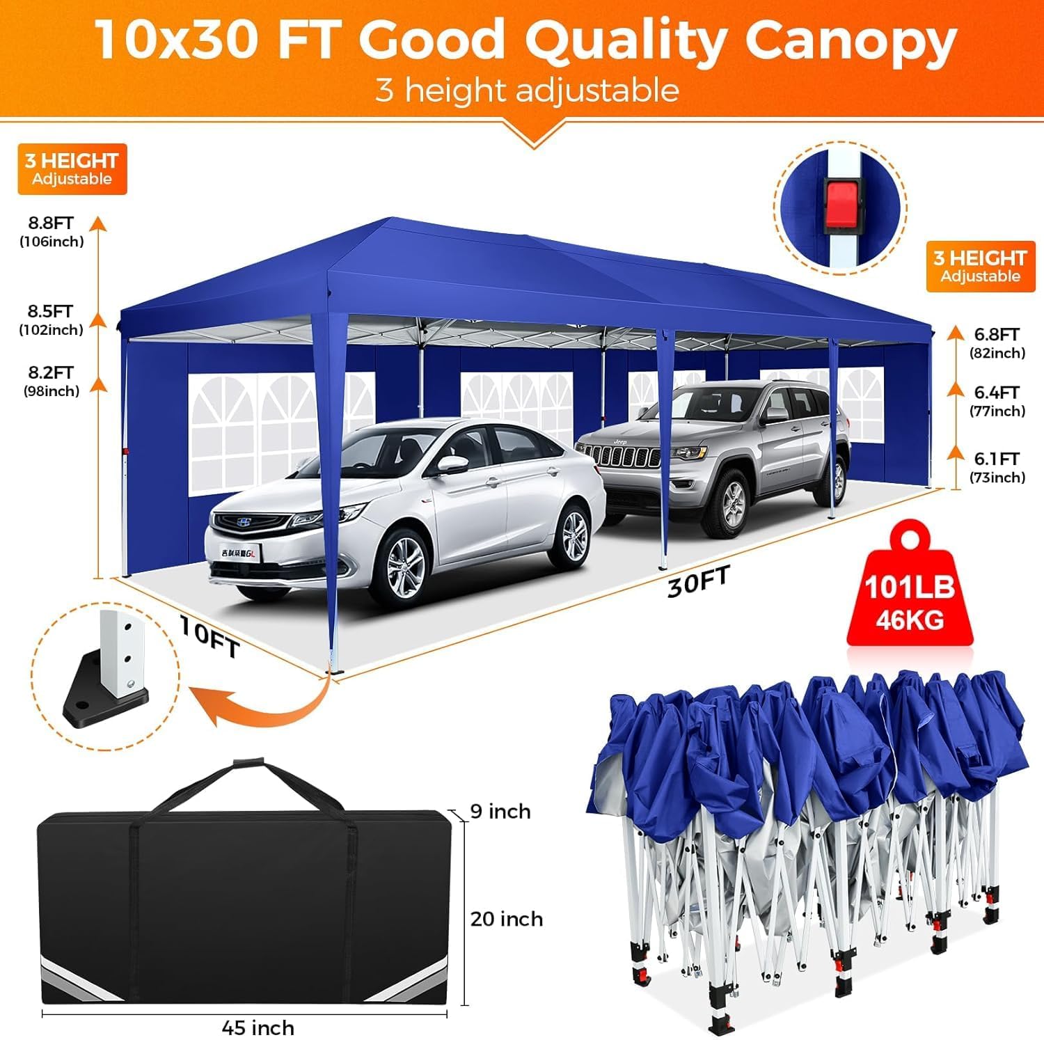 COBIZI 10x30 Pop Up Canopy Tent with 5 Sidewalls Party Tents for Parties Weddings Backyard Waterproof Commercial Instant Outdoor Events Tent with Stakes, Ropes,Sandbags（10 x 30 ft Navy Blue