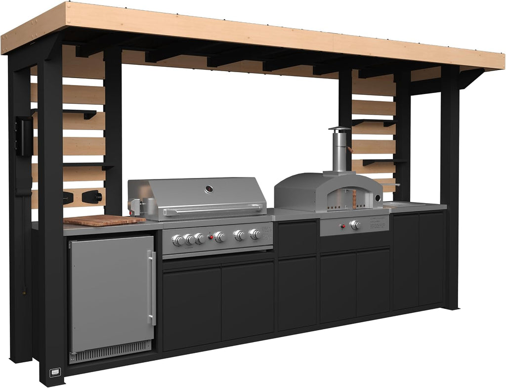 Backyard Discovery Fusion Flame 2 Galvanized Steel Covered Outdoor Kitchen with 5-Burner Stainless Steel Grill, Pizza Oven, Refrigerator, Sink, Storage, and Steel Roof for All-Weather Outdoor Cooking