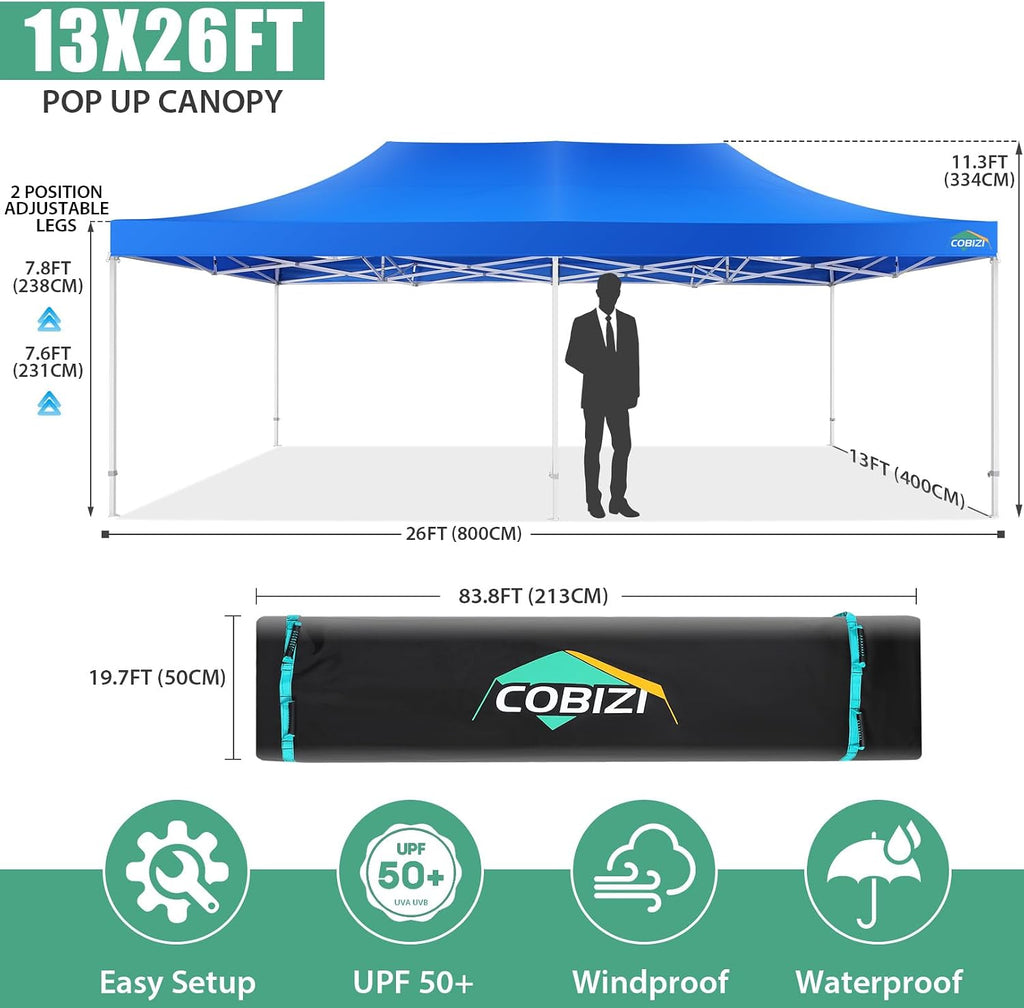COBIZI 13x26 Heavy Duty Pop Up Canopy with 6 Sidewalls Party Tent Outdoor Wedding Large Event Tent with Roller Bag for Garden Lawn Waterproof UPF 50+ Easy Up, Blue (Framework Upgraded)