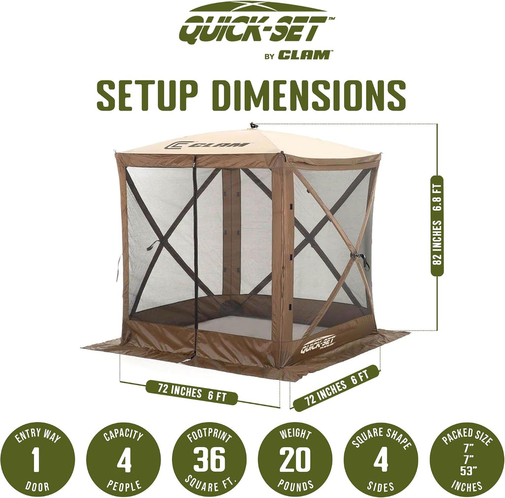 CLAM Quick-Set Pop Up Screen Tent, Traveler, 6 x 6 ft, Instant Setup Brown Portable Outdoor Shelter, Compact Bug-Free Canopy Tent for Camping, Fishing, Backyard - Brown