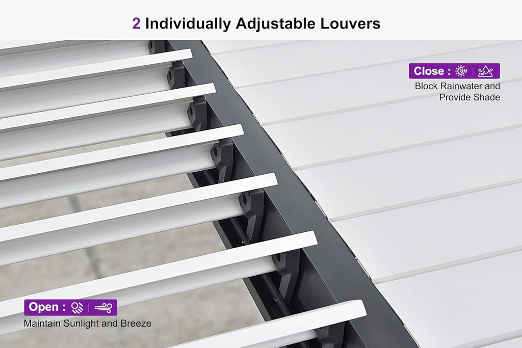 PURPLE LEAF Louvered Pergola 10' x 14' Outdoor Aluminum Pergola with White Adjustable Rainproof Roof Grey Frame Hardtop Gazebo for Patio Deck Garden