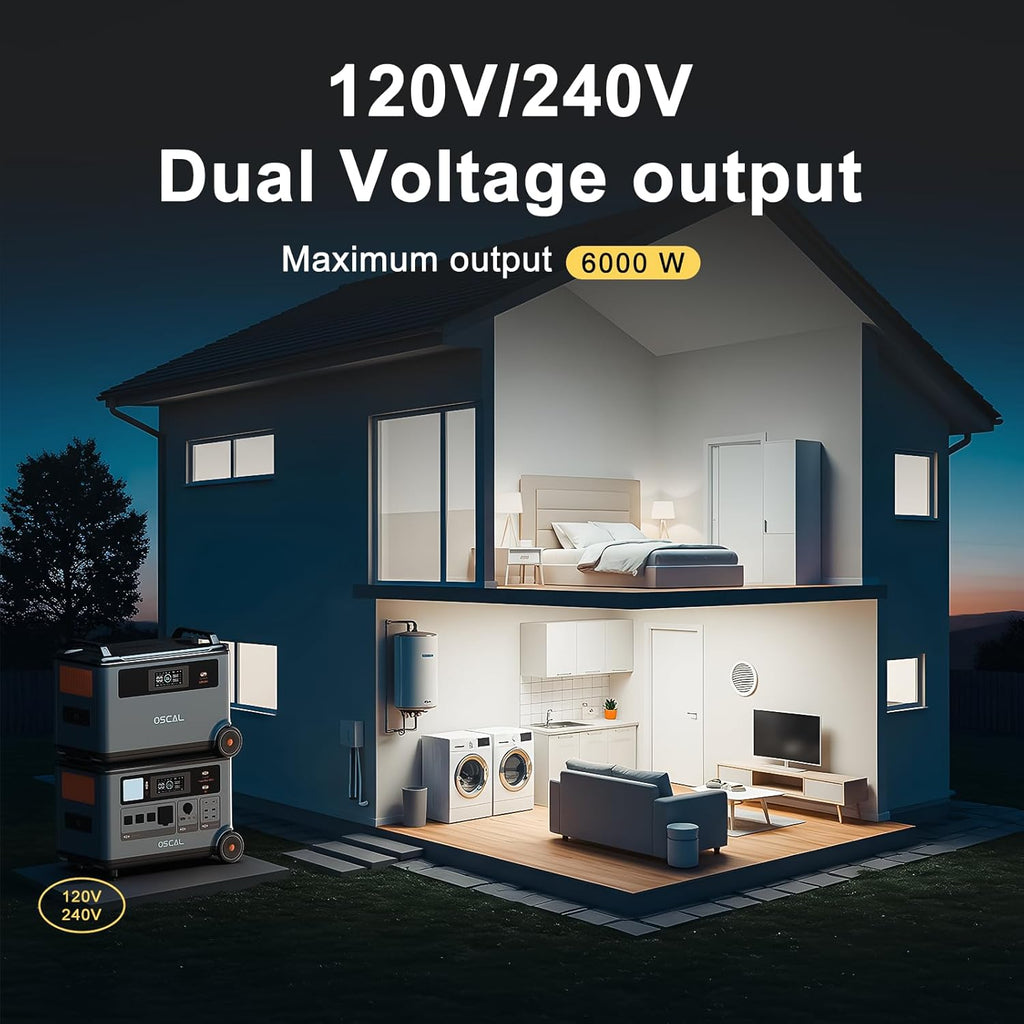 OSCAL 10.8kWh Portable Power Station PowerMax 6000, 120/240V Solar Generator, Max 6000W AC Outlets (9000W Peak), LiFePO4 Battery Power Station for Home, Camping, RV, Emergency