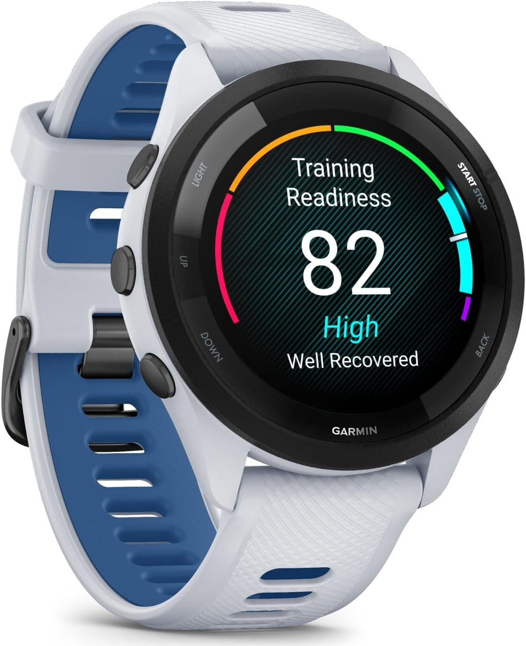 Garmin Forerunner 265 GPS Smartwatch, Whitestone/Tidal Blue Bundle with Deco Essentials Charging Dock Venu 3 + Silicone Dust Cover + USB Type C Charging and Sync Cable
