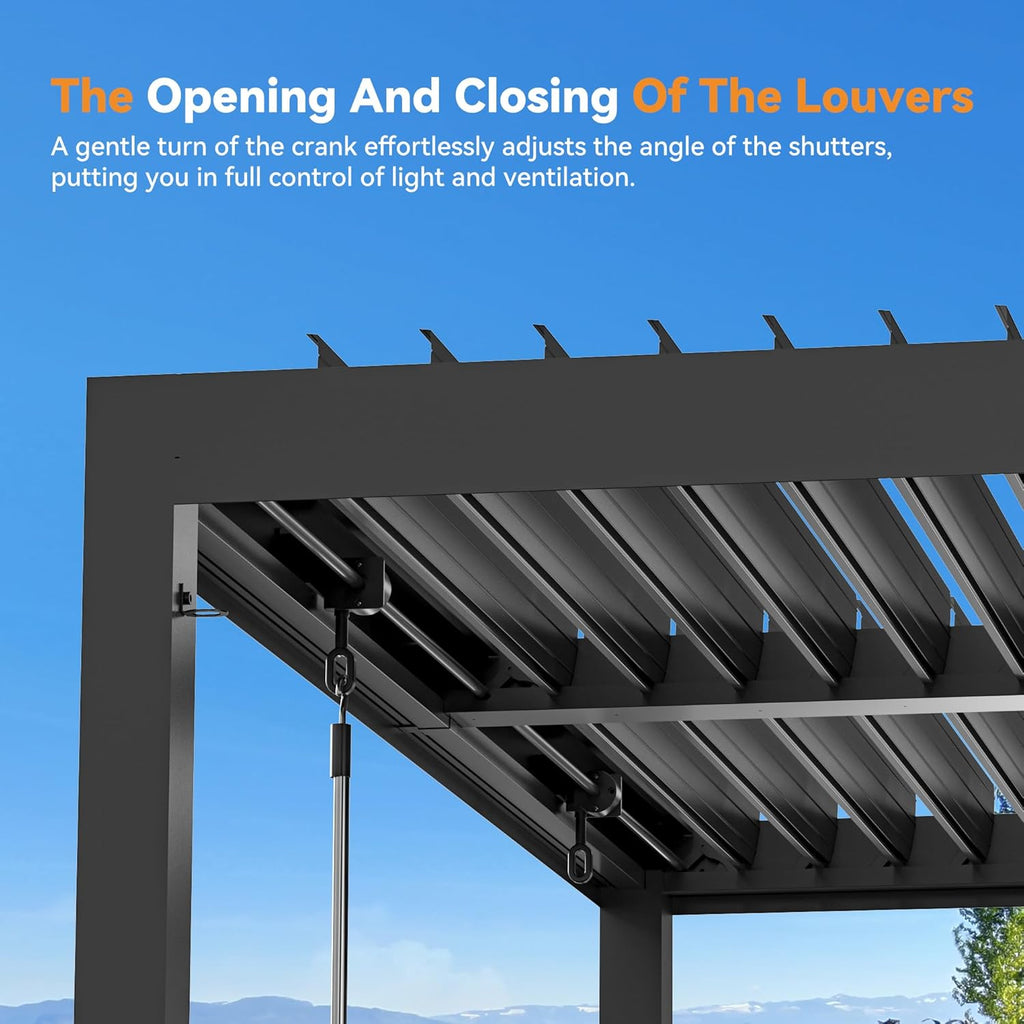 Modern Shade Aurora Louvered Pergola 10'x12' with USB Charging Port Deck, Outdoor Pergola with Integrated Drainage, Netting and Curtains for Patio Deck Garden, Easy Assembly, Black