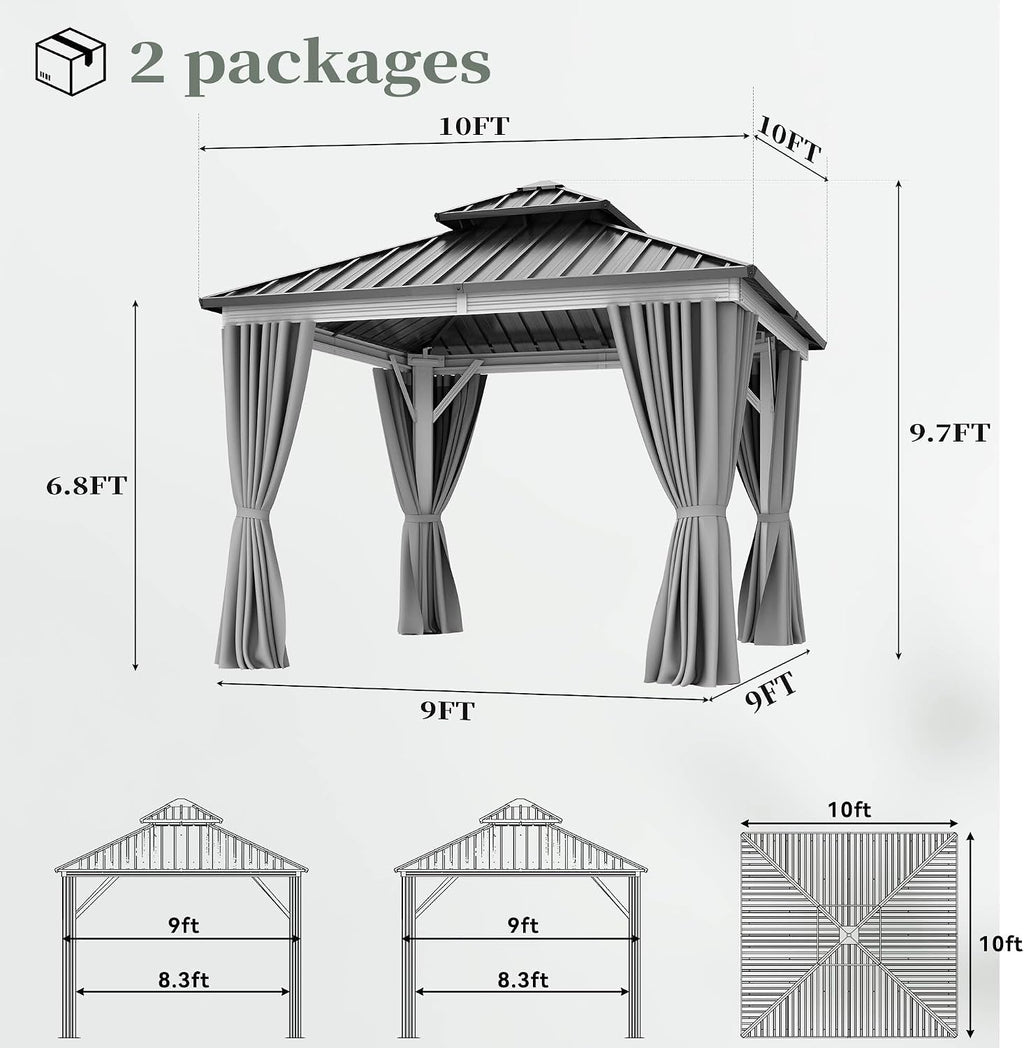 YITAHOME White Gazebo 10x10ft Hardtop Double Roof Canopy Galvanized Iron Aluminum Frame Outdoor Gazebo with Netting and Shaded Curtains Garden Tent for Patio, Backyard, Deck and Lawns, Grey Curtain
