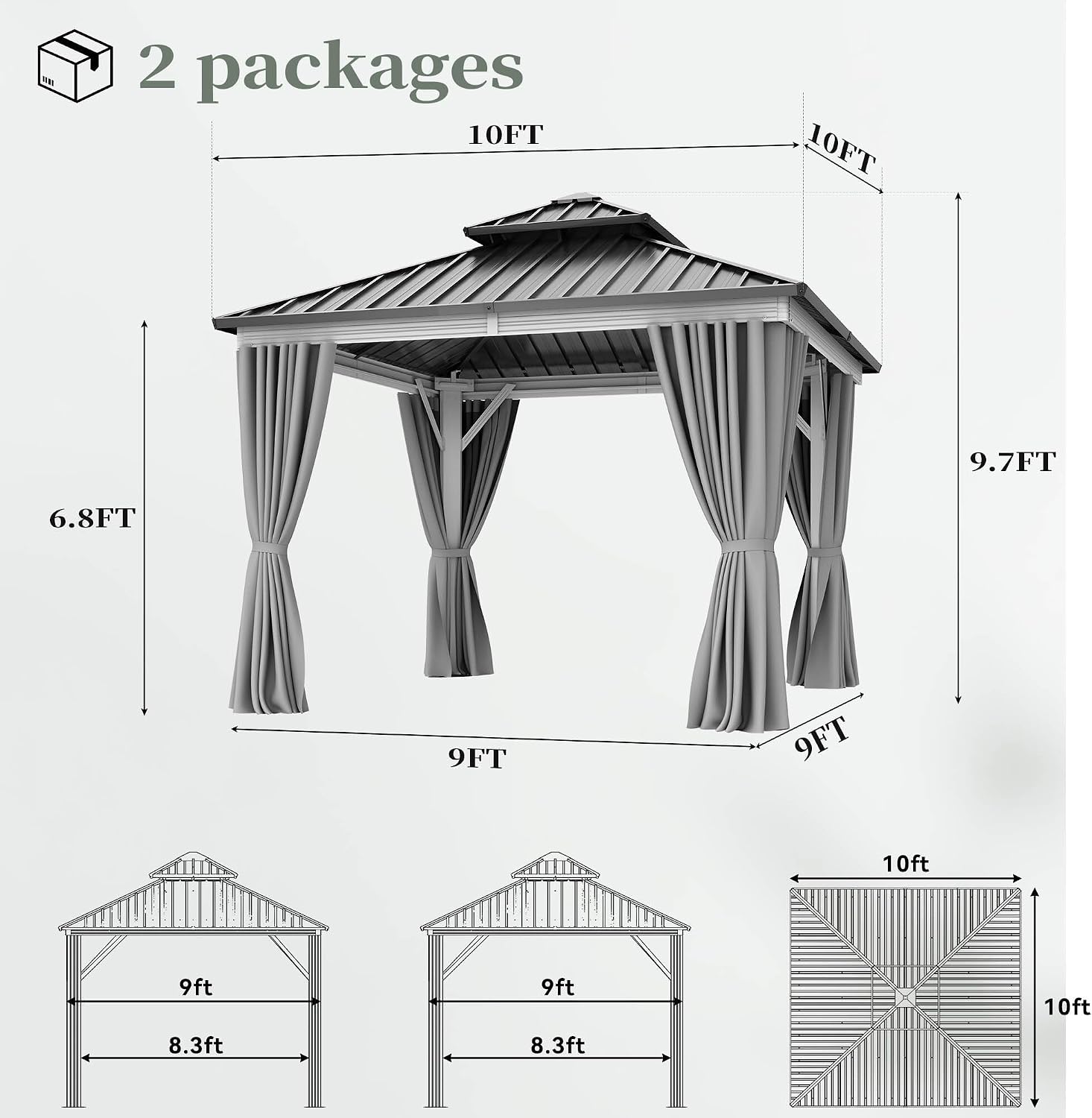 YITAHOME White Gazebo 10x10ft Hardtop Double Roof Canopy Galvanized Iron Aluminum Frame Outdoor Gazebo with Netting and Shaded Curtains Garden Tent for Patio, Backyard, Deck and Lawns, Grey Curtain