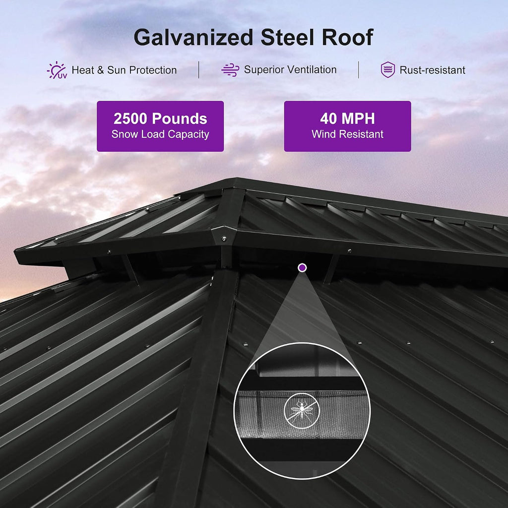 PURPLE LEAF 10' X 16' Outdoor Hardtop Gazebo for Patio Galvanized Steel Double Roof Permanent Canopy Teak Finish Coated Aluminum Frame Pavilion Gazebo with Netting and Lights