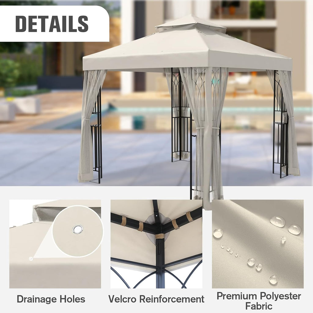 COOS BAY 8x8 Patio Gazebo with Corner Shelves, Two Tier Soft Top Canopy with Mesh Netting for Backyard, Garden, Lawn, Outdoor Events, Beige