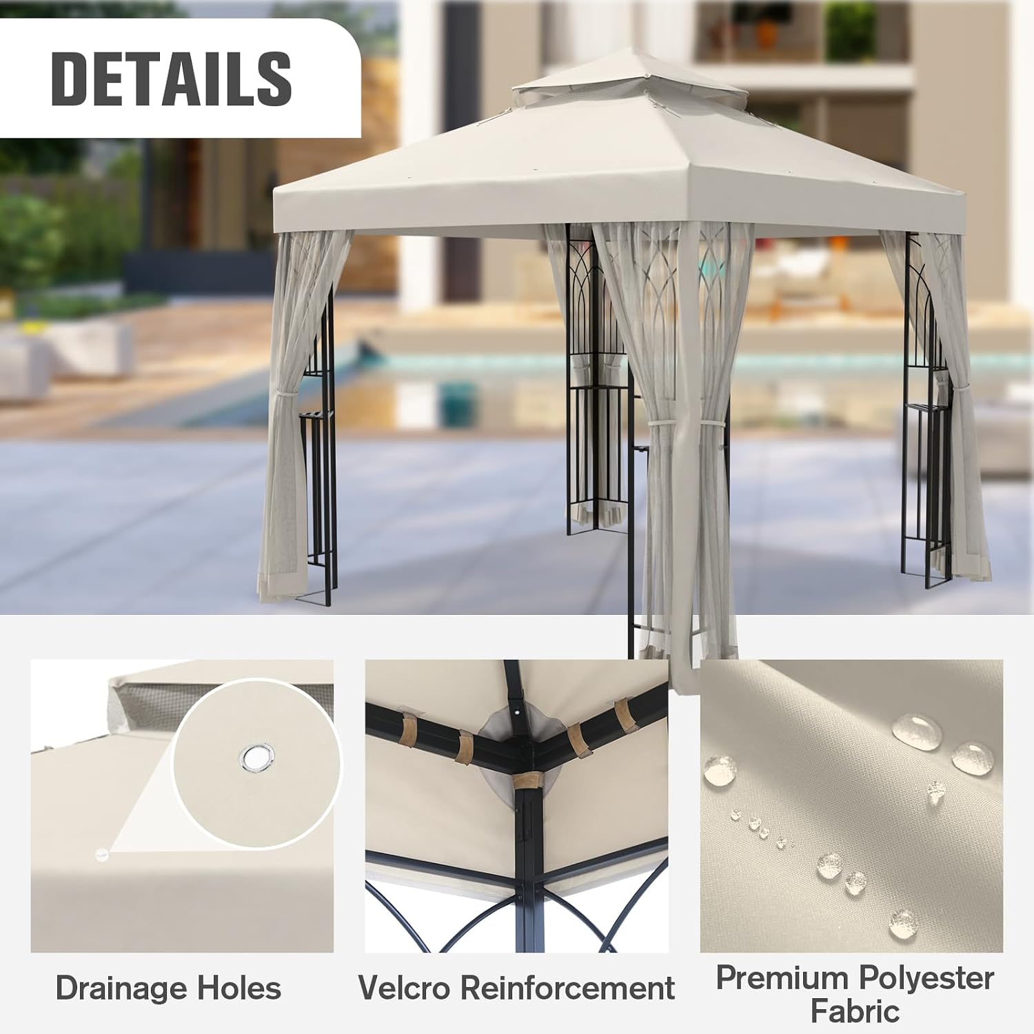 COOS BAY 8x8 Patio Gazebo with Corner Shelves, Two Tier Soft Top Canopy with Mesh Netting for Backyard, Garden, Lawn, Outdoor Events, Beige