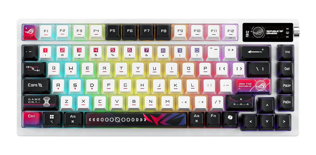 ROG Azoth X 75% custom gaming keyboard, hot-swappable Storm V2 Switches, gasket mount, dampening foam, FR4 plate, south-facing PCB, tri-mode connection, OLED display, control knob, wrist rest, Mac