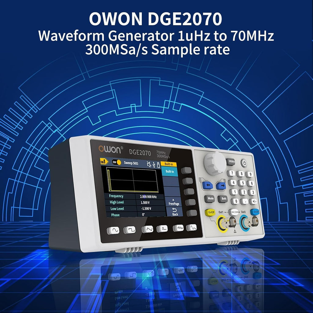 OWON DGE2070 70MHz Dual Channel Arbitrary Waveform Generator, 300MSa/s Sampling Rate, 14-Bit Resolution, 150 Built-in Waveforms, 3.6' LCD, Portable Signal Generator for Lab & Electronics Testing