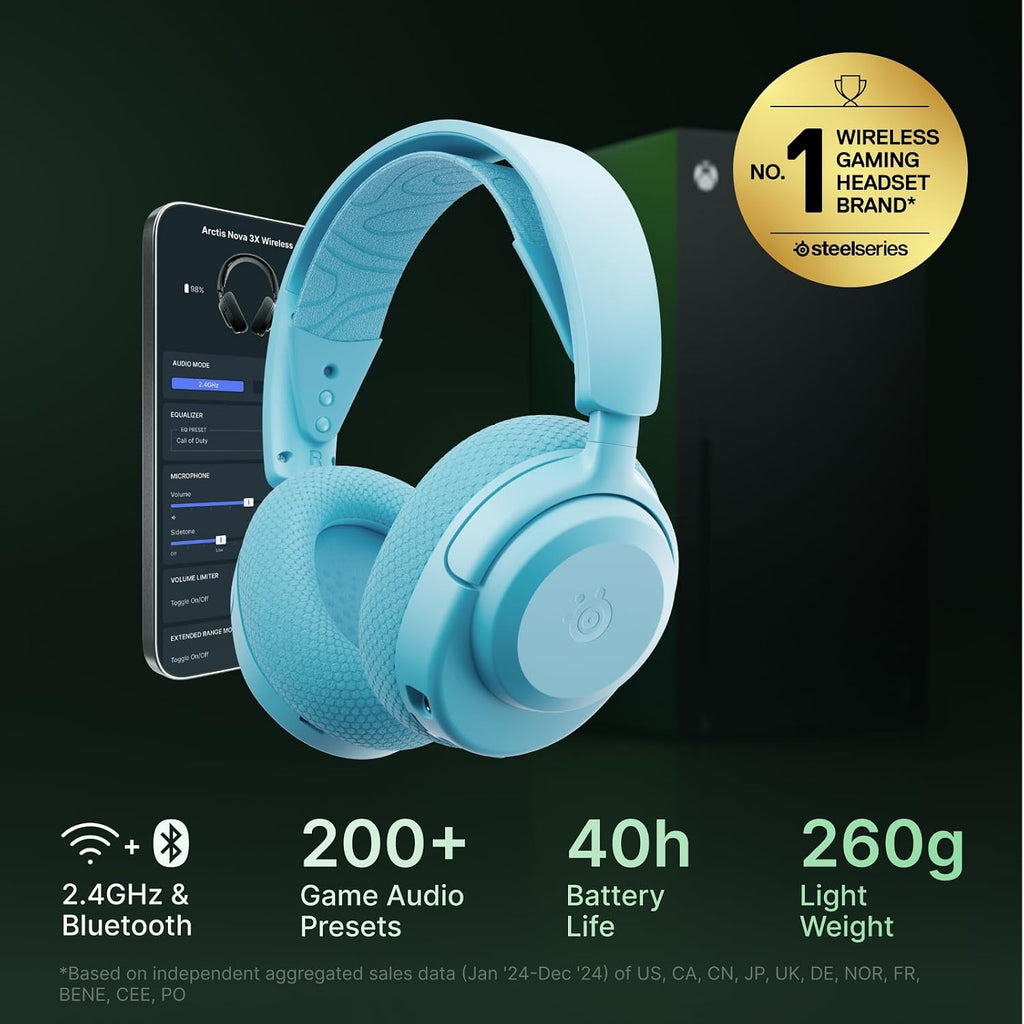 SteelSeries Arctis Nova 3X Wireless Multi-Platform Gaming Headset — Mobile App Control — 40 HR Battery — Neodymium Magnetic Drivers — 2.4GHz/Bluetooth — Xbox, PS5, PC, Switch, Mobile — Aqua