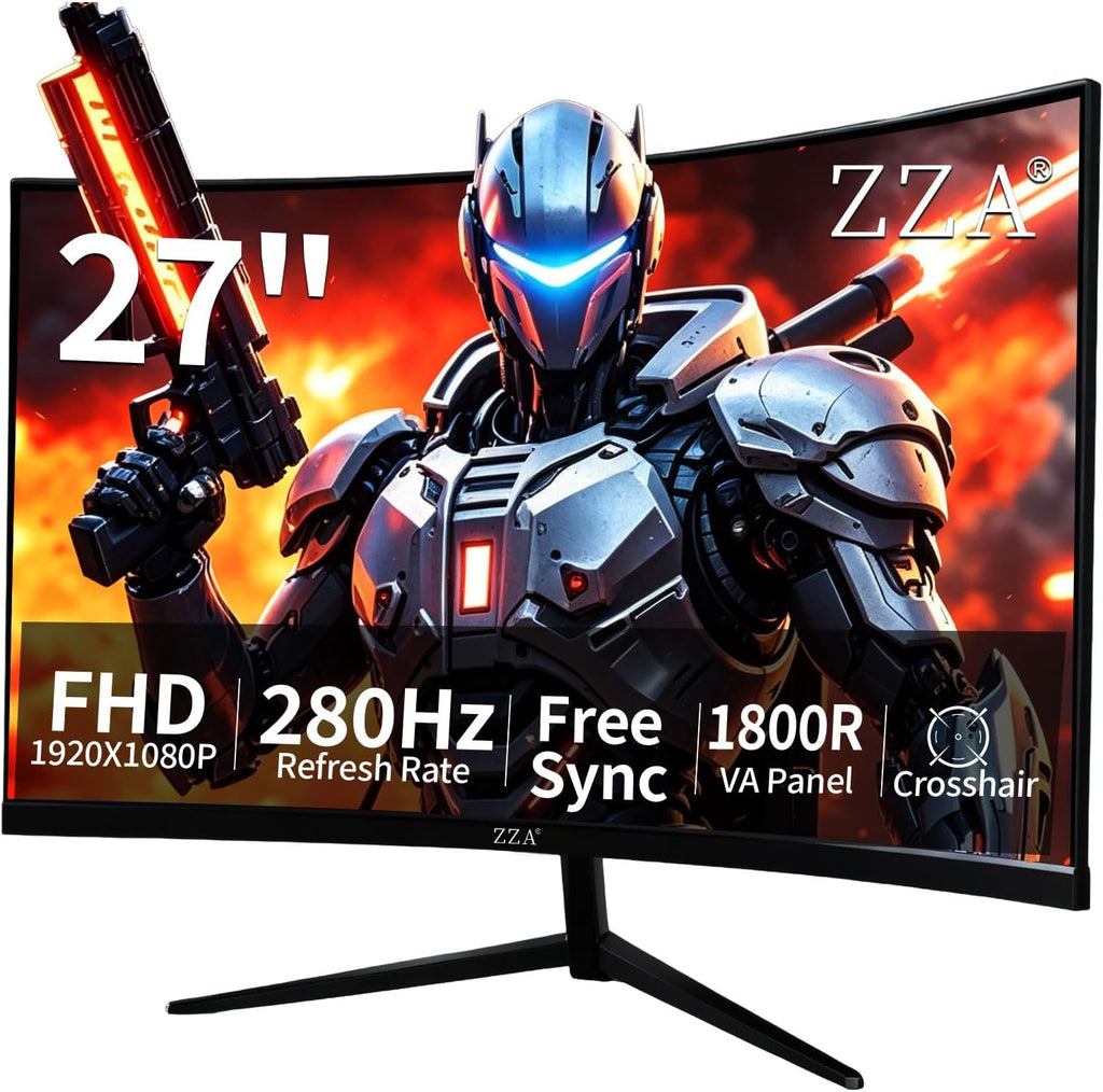 ZZA 27 Inch Curved Gaming Monitor 280Hz, FHD 1080P, 1ms, AMD FreeSync Premium, 100% sRGB, VESA Mountable, Eye Care Computer Monitor for Home Office