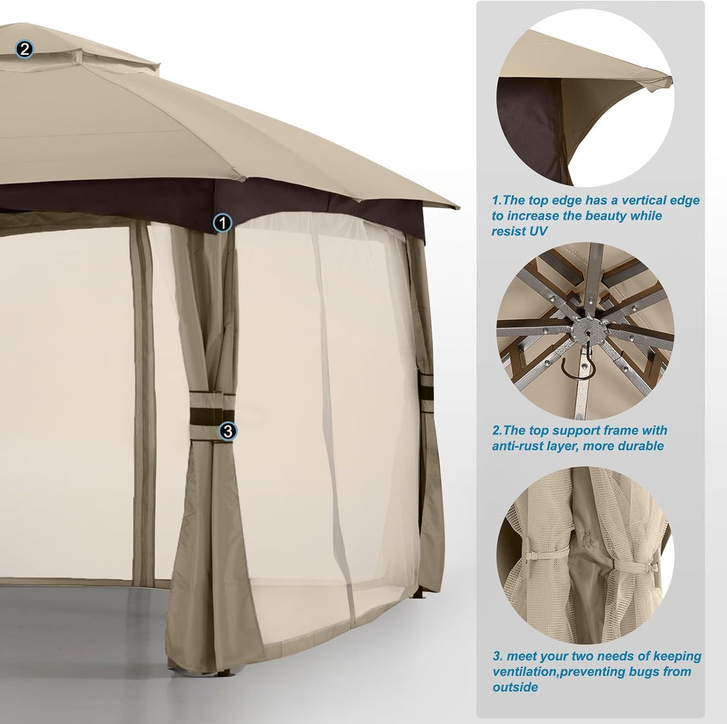 MASTERCANOPY Outdoor Patio Gazebo for Garden with Upgrade Steel Frame and Netting Walls (8x8,Khaki)