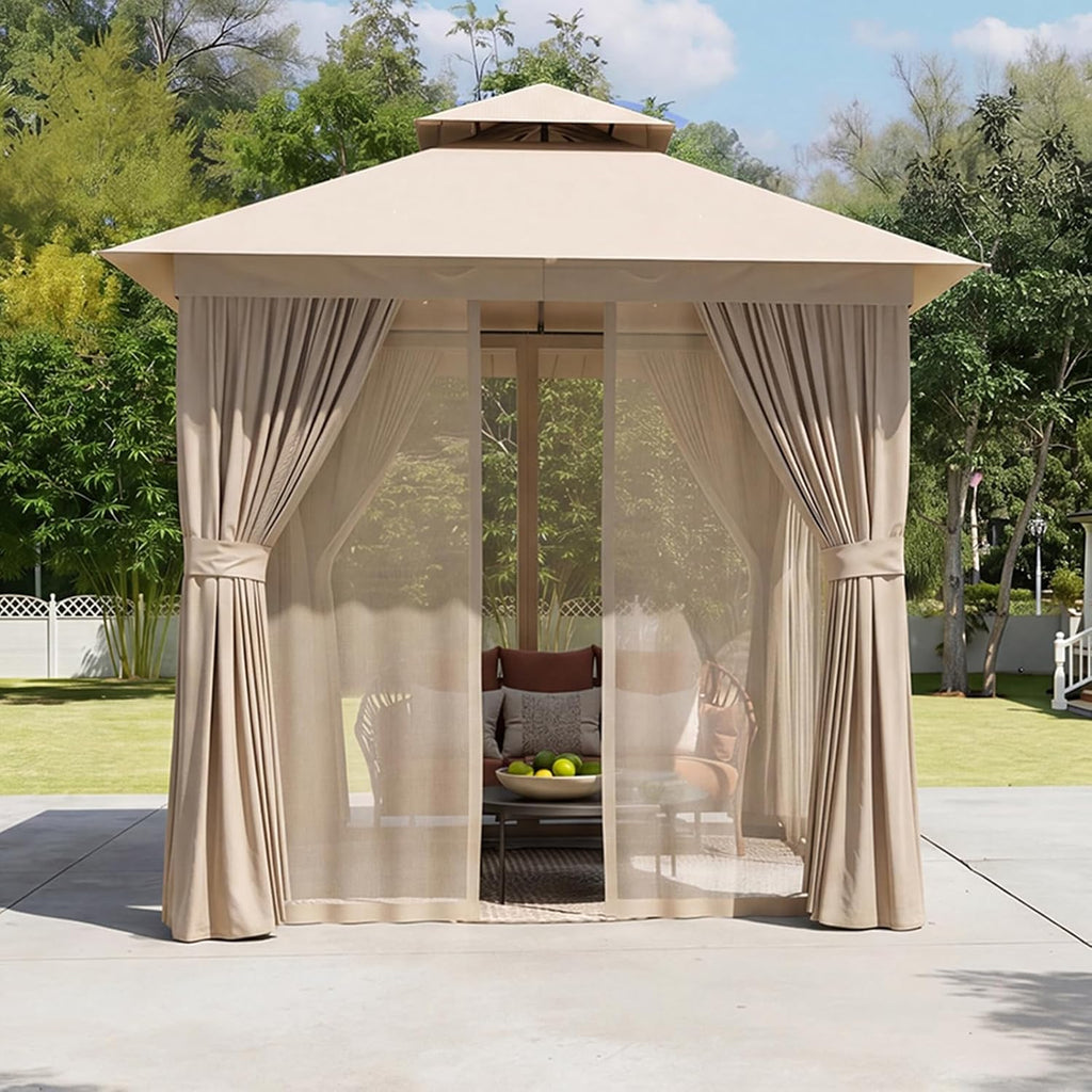 AOXUN Outdoor Gazebo for Patio 8x8 Metal Frame Canopy with Double Roofs Heavy Duty Party Tent and Shelter with Mosquito Netting and Privacy Screen for Backyard, Lawn, Garden, Deck (Khaki)