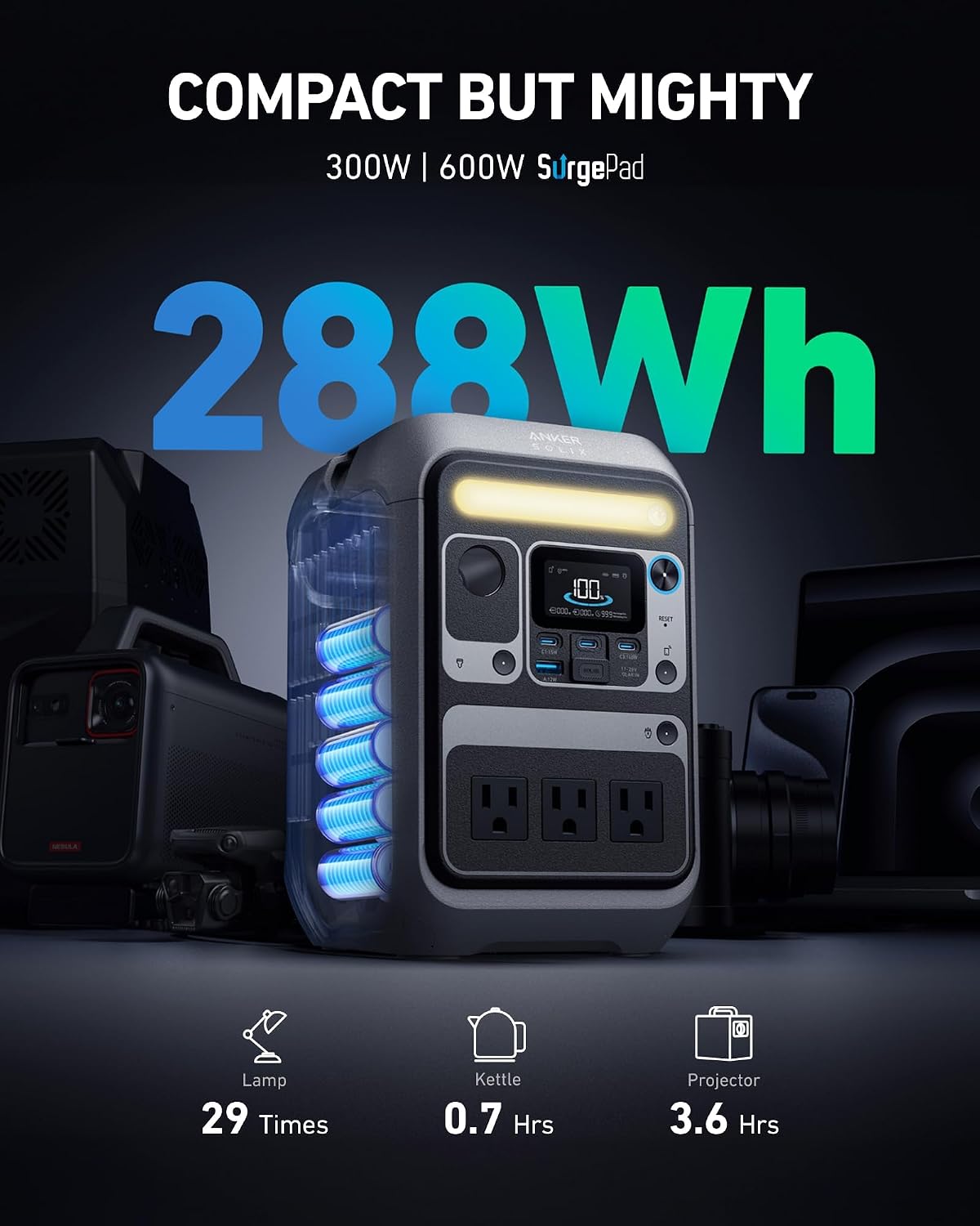 Anker Solar Generator SOLIX C300 with Protective Bag, 288Wh Portable Power Station, 300W (600W Surge), LiFePO4 Battery, 140W Two-Way Fast Charging, for Outdoor Camping, Traveling, and Emergencies