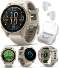 Garmin Fenix 8 – 43 mm Sapphire, AMOLED Multisport GPS Smartwatch, Soft Gold with Fog Gray/Dark Sandstone Silicone Band, Built-in LED Flashlight White Earbuds Bundle