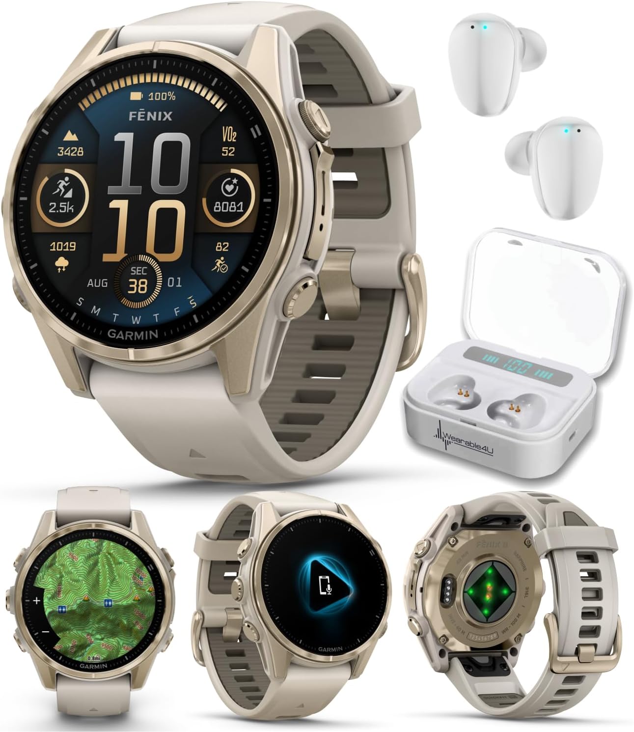 Garmin Fenix 8 – 43 mm Sapphire, AMOLED Multisport GPS Smartwatch, Soft Gold with Fog Gray/Dark Sandstone Silicone Band, Built-in LED Flashlight White Earbuds Bundle