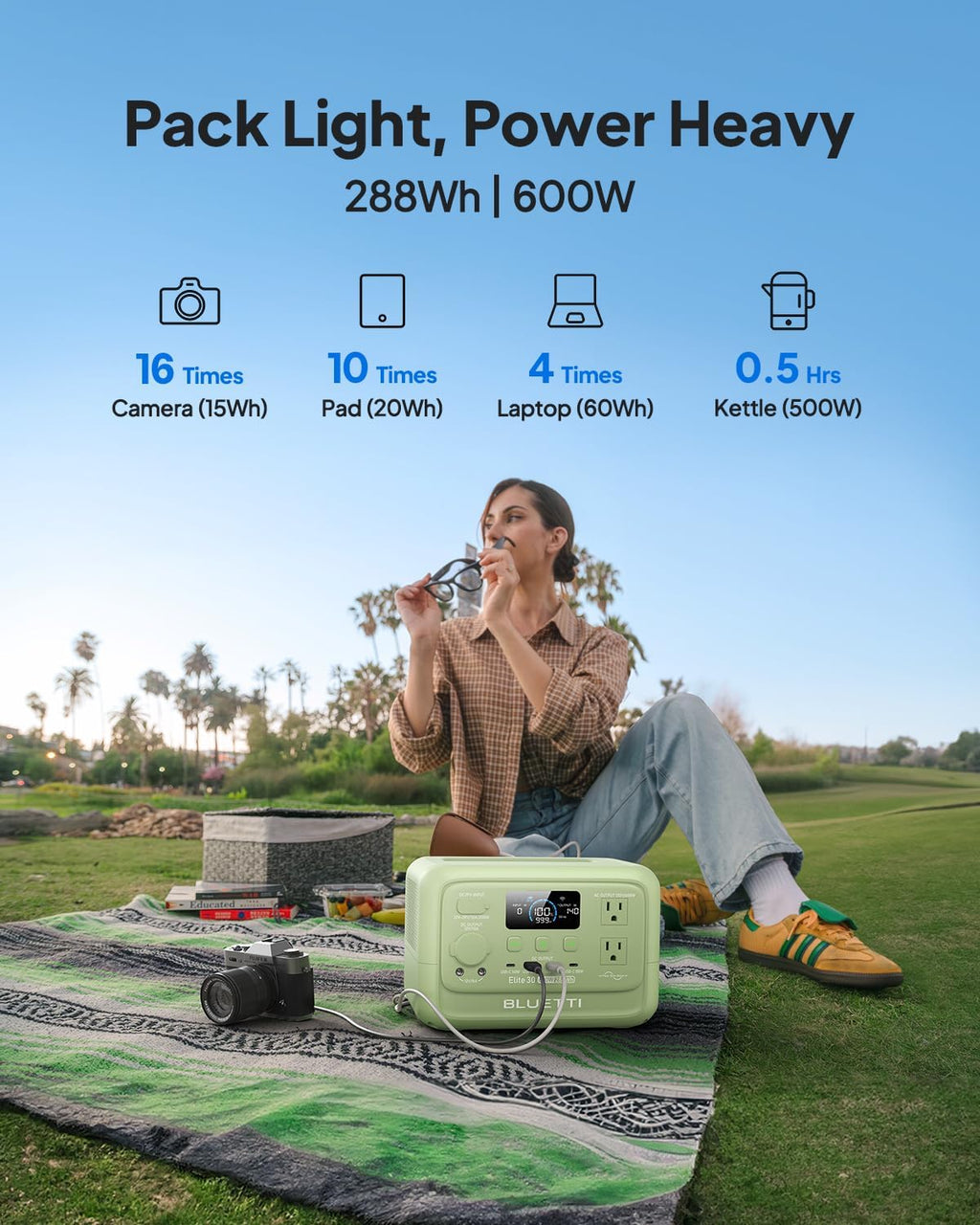 BLUETTI Elite 30 V2 Portable Power Station, 288Wh LiFePO4 Battery with 600W AC Outlet (Power Lifting 1500W), Fast Charge Solar Generator, UPS Backup Power for Camping, Road Tours, Outage, Adventure