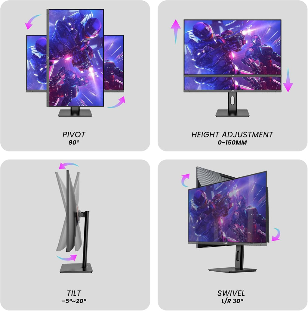 LXZ 27 inch Monitor 4K UHD 144Hz Gaming Monitor – IPS Panel with 1ms MPRT, Supports HDR, 84% NTSC, HDMI 2.1, Height/Tilt/Pivot/Swivel Stand, VESA Compatible, Eye Care – Black