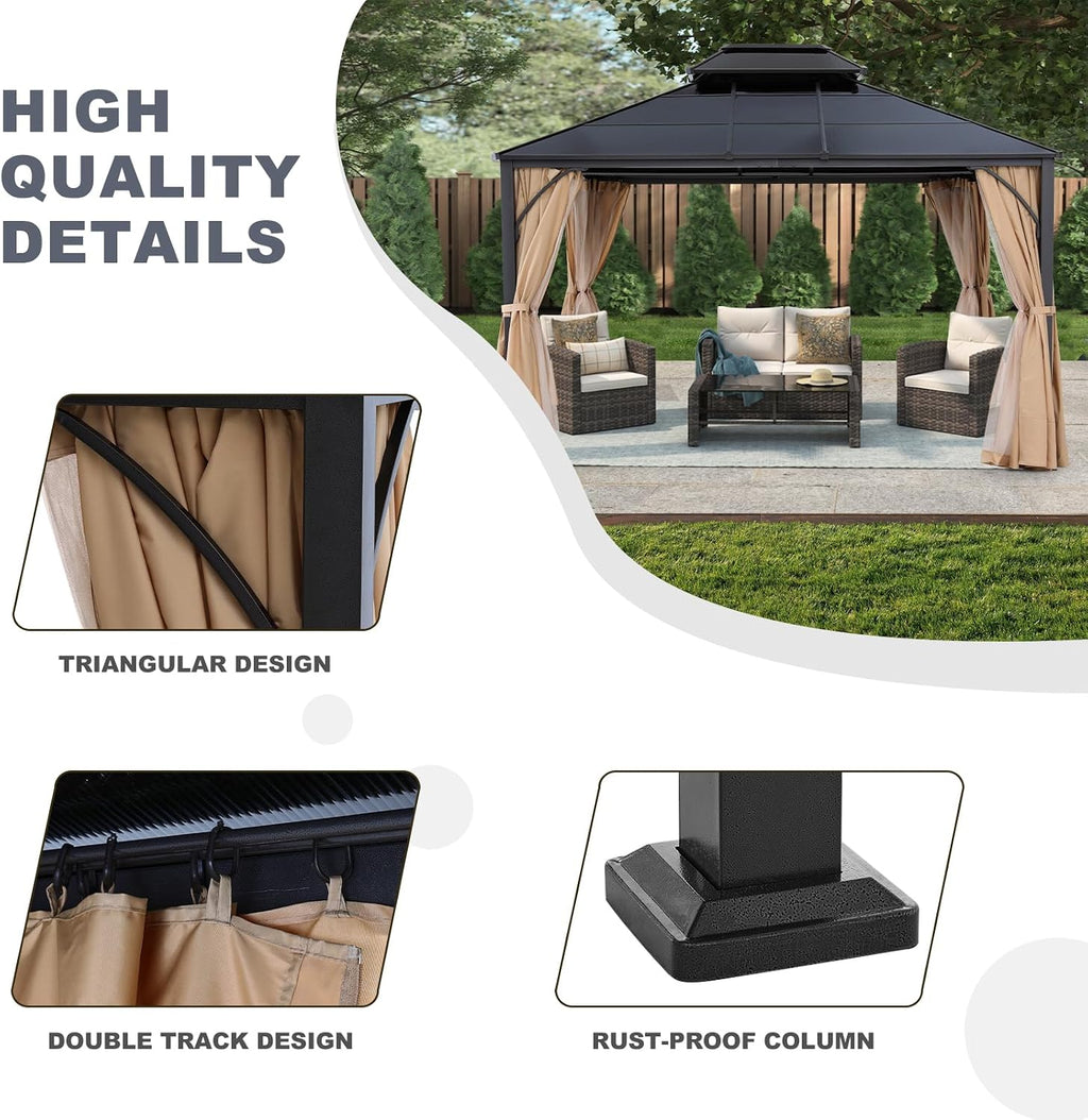 ABCCANOPY Double Roof Outdoor Hardtop Gazebo 10x12 - Patio Polycarbonate Hard Top Gazebos with Curtain and Netting (Beige)