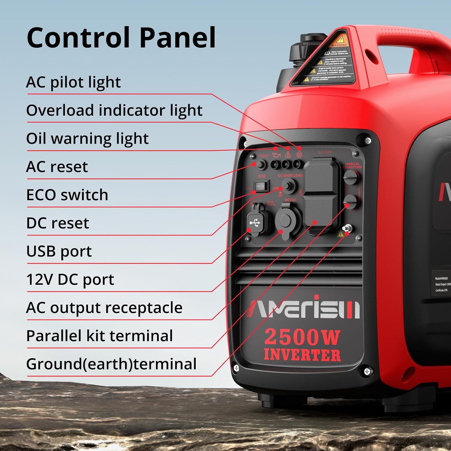 AMERISUN 2500W Inverter Generator - Long Runtime, Fuel Efficient, and CO Sensor for Camping, Emergencies, EPA Compliant