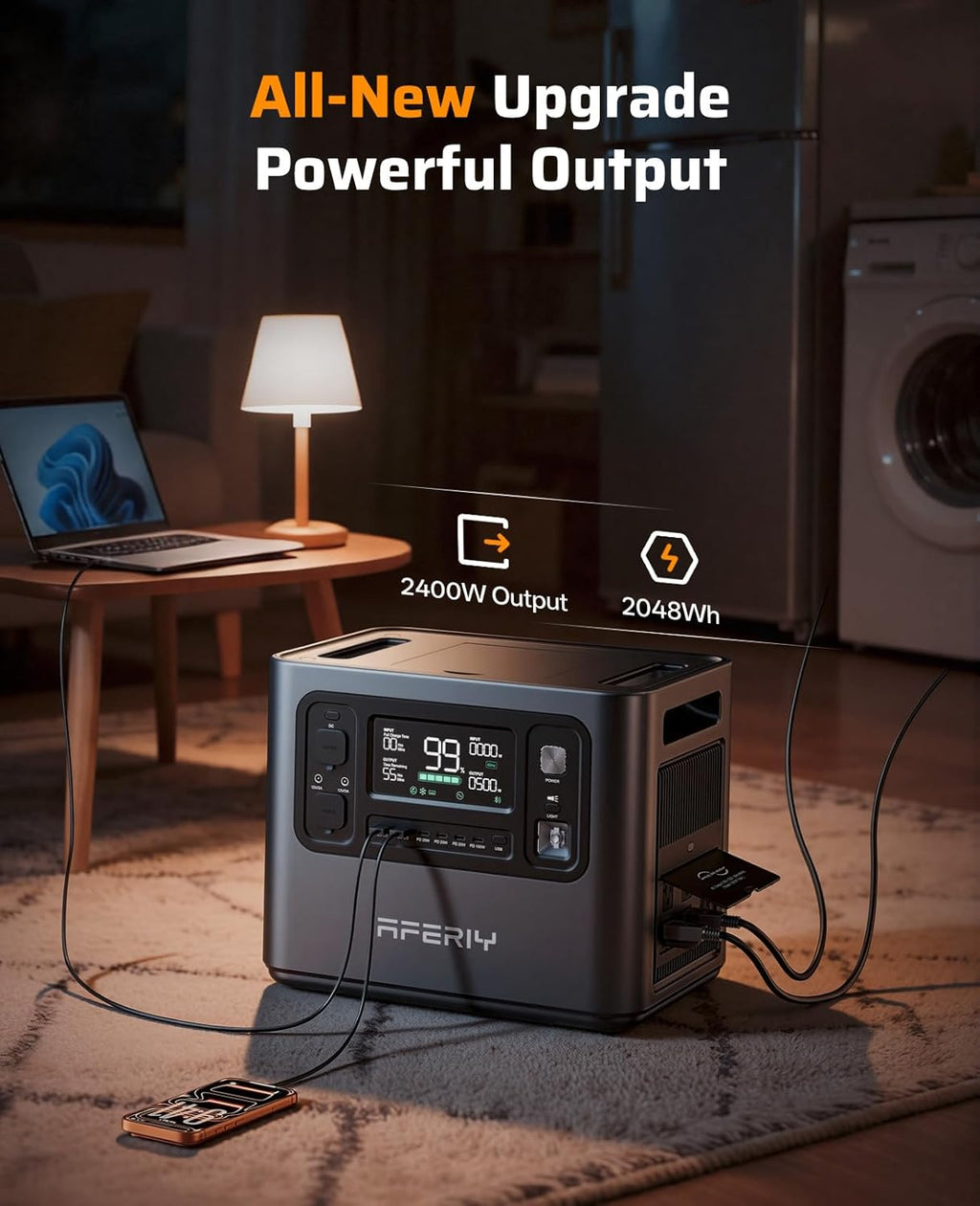 AFERIY 2048Wh Portable Power Station 2400W (Peak 4800W),P210 LiFePO4 Battery Generator,AC Fast Charging, 12V/25A XT60 DC output port,UPS Power Outages,Home Backup,Camping(Solar Panel Optional)