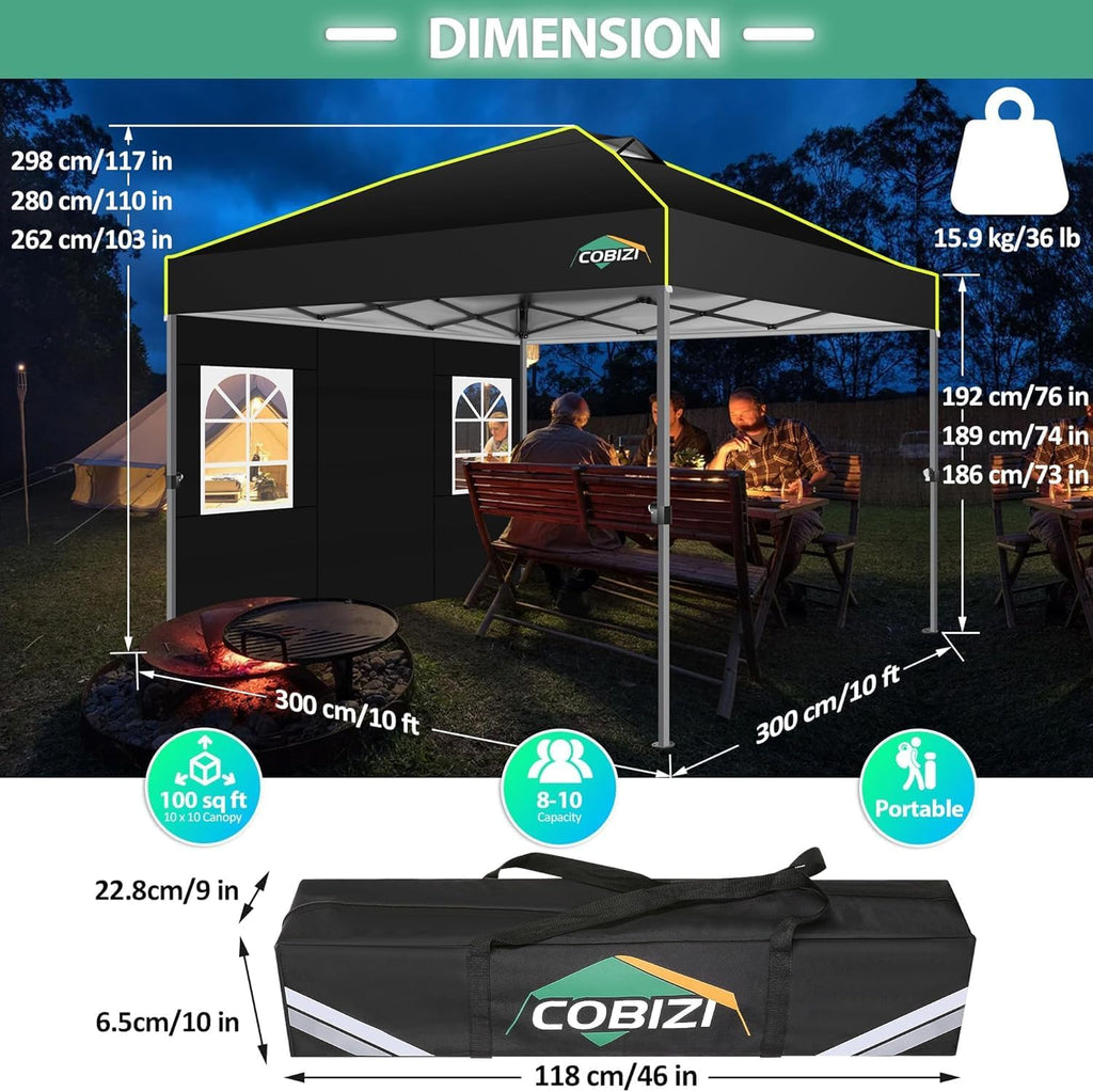 COBIZI 10x10 Pop up Canopy Tent with Sidewalls,One Push Setup Tent for Parties, Waterproof & UV 50+ Outdoor Commercial Gazebo with Air Vent, Reflective Strip,4 Sandbags for Garden, Beach,Black