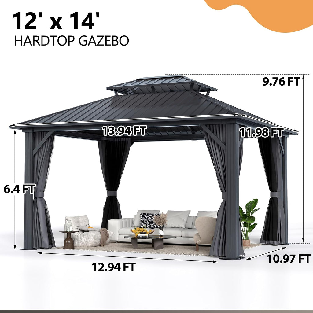 12'x14' Hardtop Gazebo, Outdoor Double Roof Galvanized Steel Gazebo, Aluminum Frame Permanent Pavilion with Curtains & Netting for Backyard, Patio, Deck (12x14)